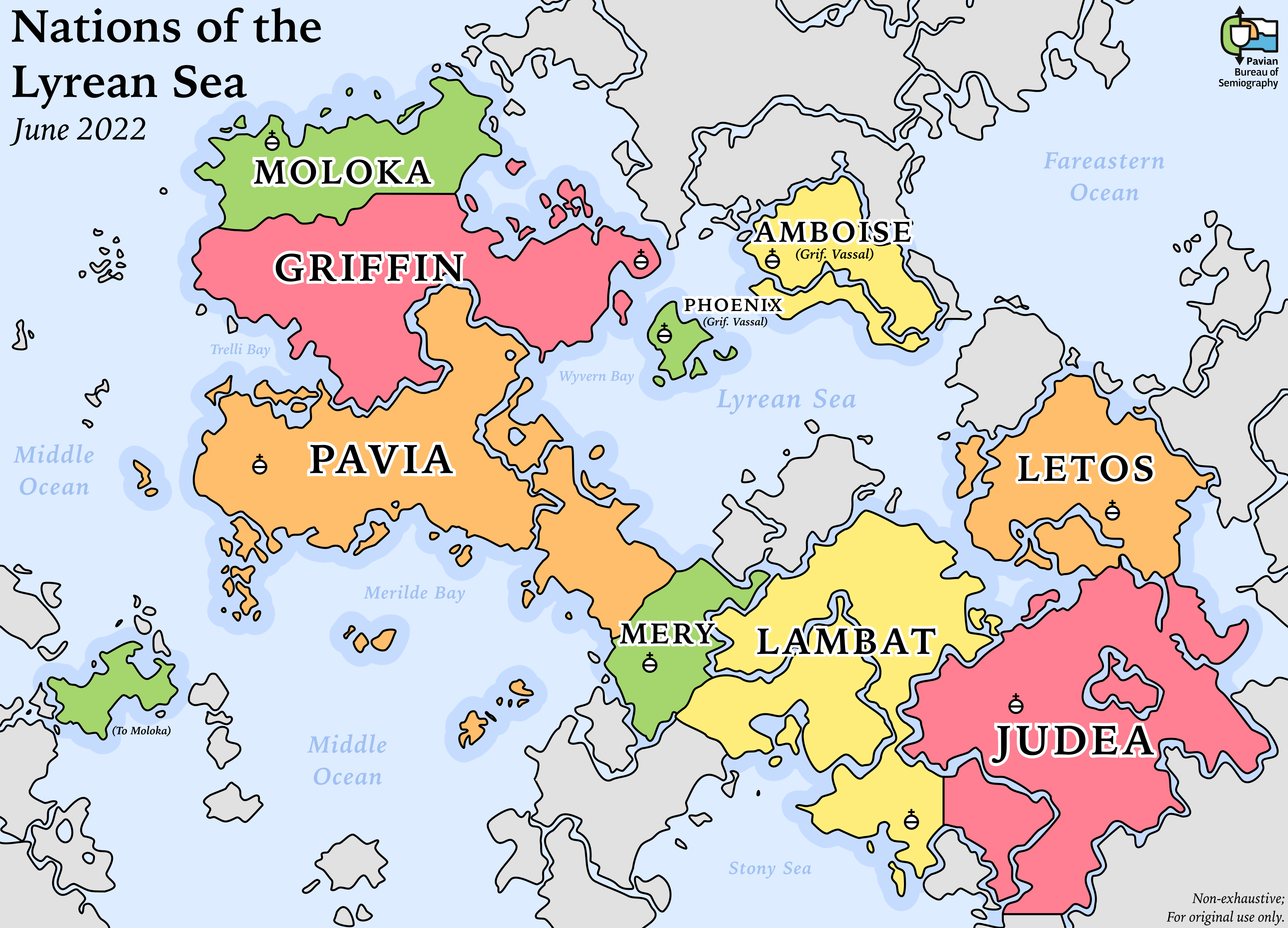 The Bureau of Semiography today released its Nations of the Lyrean Sea map, which the Duke of Braemar announced in a first-ever press conference. (Bureau of Semiography)